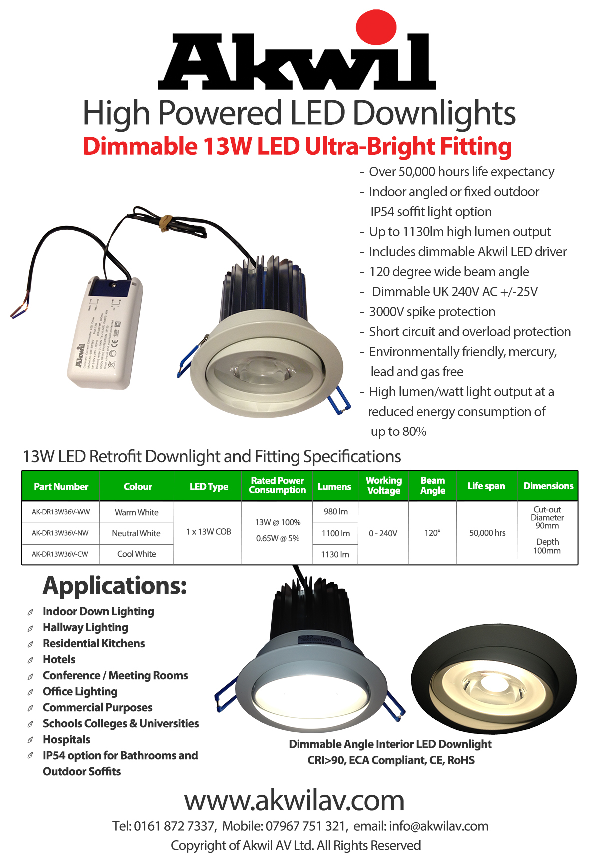 13W LED Dimmable Angle Downlight Fitting 1130 Lumen LED Downlight with Dimmable LED Driver Cool